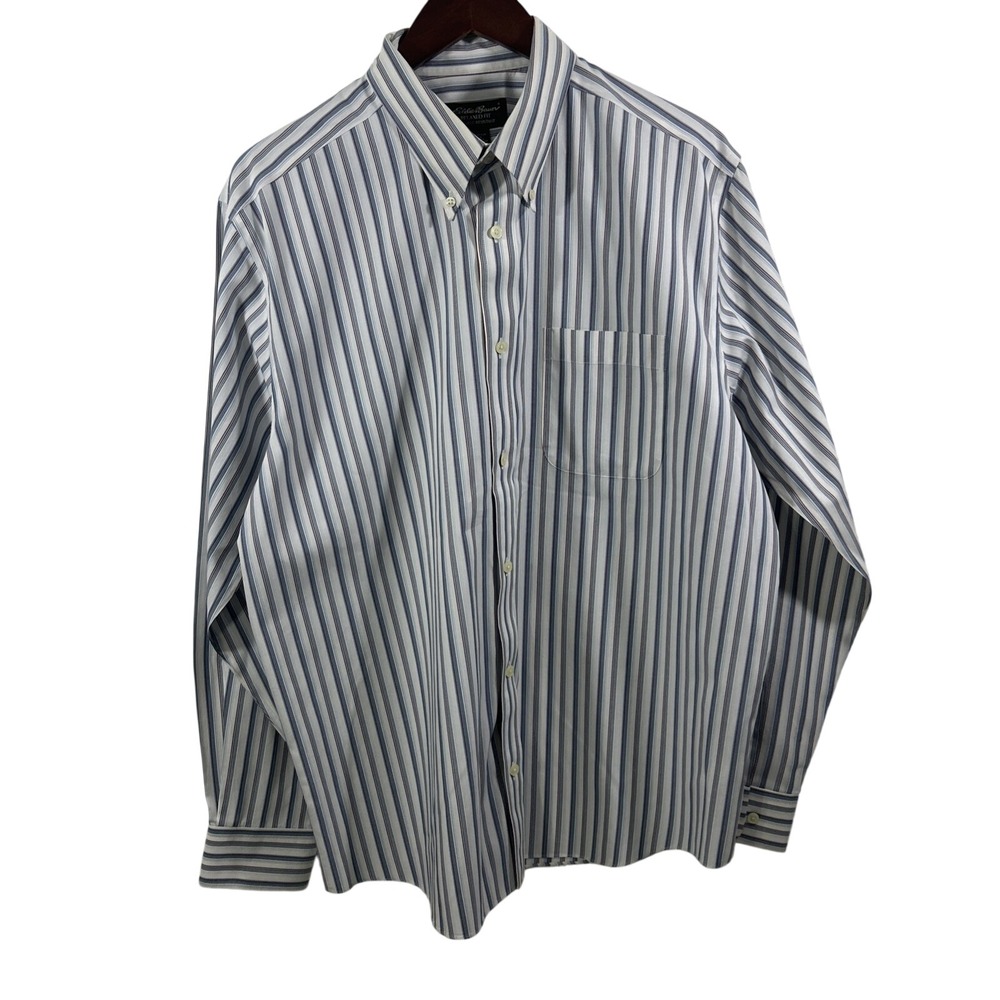 Eddie Bauer Men Large Button Up Shirt White Blue Relaxed Fit 100% Cotton